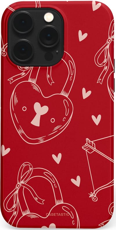 Casetastic Hoesje Geschikt voor Apple iPhone 14 Pro Max Magsafe - Stijlvolle Beschermende Duo-layer Case - Hartendief - Liefdes Slotjes - Valentijn - Valentine - Love - Rood Wit