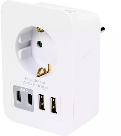 Benson Stopcontact met 2 USB-A en 2 USB-C poorten - Kinderbeveiliging - Telefoon dock - 16A - 5V 3,4A