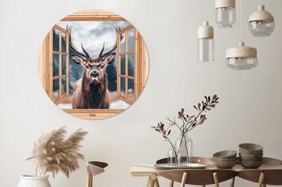 WallCircle - Wandcirkel - Muurcirkel - Doorkijk - Hert - Dieren - Winterlandschap - Sneeuw - Aluminium - Dibond - 120x120 cm - Binnen en Buiten XXL
