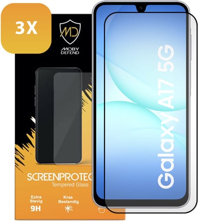 3-Pack MobyDefend Screenprotectors - Geschikt voor Samsung Galaxy A17 - Screensavers Met Zwarte Randen - Gehard Glas