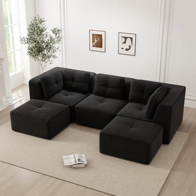 MODFU Modulaire Hoekbank - Diepe Zitting - Modern - Voor Woonkamer - Ribstof - Zwart
