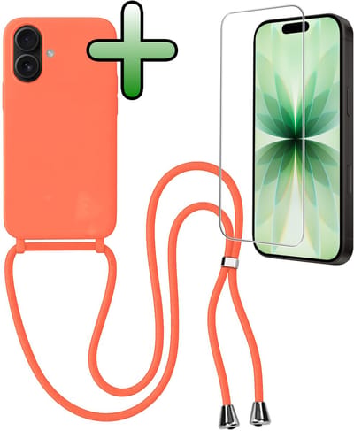 Hoes Geschikt voor iPhone 17 Hoesje Met Koord Met Screenprotector - Telefoonhoesje Geschikt voor iPhone 17 Backcover Met Afneembaar Koord - Papaya