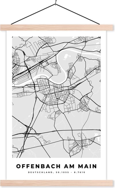 Posterhanger incl. Poster 40x60 cm - Schoolplaat - Offenbach Am Main - Kaart - Stadskaart - Plattegrond - Duitsland - Textielposter - Blanke latten - Stadskaart