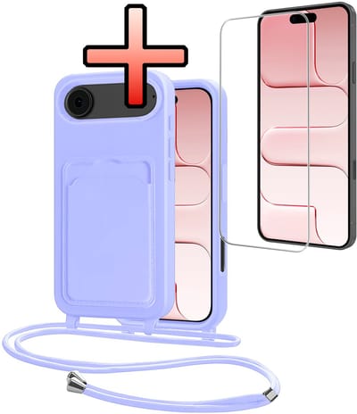 Hoes Geschikt voor iPhone Air Hoesje Pasjeshouder Cover Met Koord Case Siliconen Hoes Met Telefoonkoord en Kaarthouder Met Screenprotector - Lila