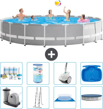 Intex Rond Prism Frame Zwembad - 610 x 132 cm - Grijs - Inclusief Pomp - Ladder - Grondzeil - Afdekzeil Onderhoudspakket - Filter - Stofzuiger - Voetenbad