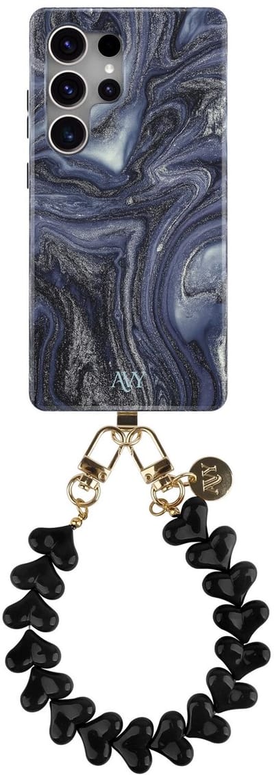 AVY Hoesje Met Telefoonkoord | Geschikt voor Samsung Galaxy S25 Ultra | Compatibel met MagSafe | Hard Shell Back Cover | Stijlvol Bijpassend Koord 30CM | Marmer Hearts | Blauw