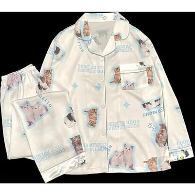 IJszijde Schattige Kattenprint Zomer Dunne Pyjama Dames Lente Zomer Zijde Huiskleding Set Nachtkleding M white