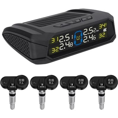 Bandenspanningscontrolesysteem, draadloos bandenspanningscontrolesysteem op zonne-energie met LCD-scherm, 6 zwart