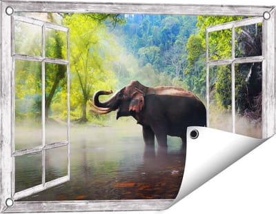 Gards Tuinposter Doorkijk Olifant in het Water - 60x40 cm - Tuindoek - Tuindecoratie - Wanddecoratie buiten - Tuinschilderij