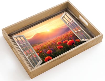 Dienblad hout 40x30 cm - Schootdienblad - Doorkijk - Klaprozen - Bloemen - Rood - Open raam - Borrelplank rechthoek - Plateau dienbladen