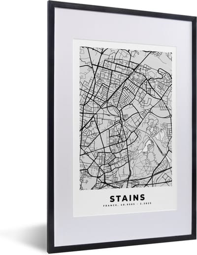 Fotolijst incl. Poster - Frankrijk – Plattegrond – Kaart – Stains – Stadskaart - 40x60 cm - Posterlijst