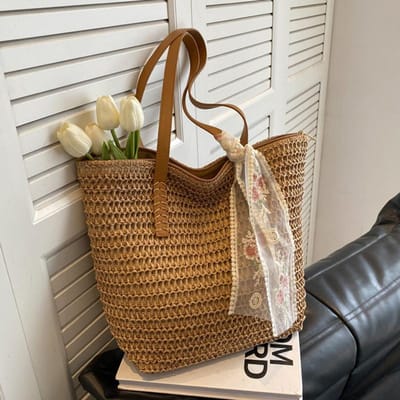 Sac à bandoulière d'été pour femme, foulard en soie, sac à main de grande capacité, sac tissé à la main, sac à main tendance en herbe tissée pour femme 25x14x33cm kaki