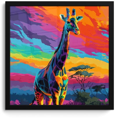 Poster in lijst - Fotolijst 40x40 cm - Posters - Giraffe - Savanna - Lucht - Gekleurd - Posterlijst zwart - Decoratie - Wanddecoratie woonkamer - Muurdecoratie slaapkamer