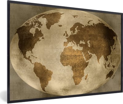 Poster in lijst - Fotolijst 90x60 cm - Posters - Wereldkaart - Wereldbol - Vintage - Posterlijst zwart - Decoratie - Wanddecoratie woonkamer - Muurdecoratie slaapkamer