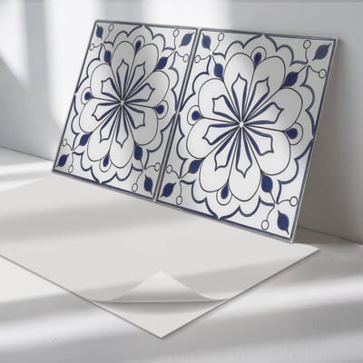 Wallfluent Vinyl Wandpaneel - Bloemenkeramiekpatroon Wandpaneel PVC - 100 cm x 50 cm - Blauw Vinyl Wandpaneel - Set van 1 - Rechthoekig Wandbekleding Vinyl - Texturen Wandpaneel - Zelfklevend Wandpaneel - Wandpaneel Keuken en Badkamer