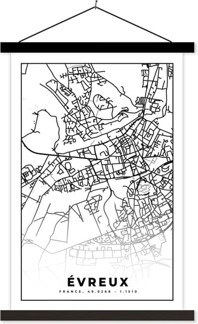 Posterhanger incl. Poster 40x60 cm - Schoolplaat - Stadskaart – Plattegrond – Évreux - Kaart – Frankrijk - Zwart wit - Textielposter - Zwarte latten - Stadskaart