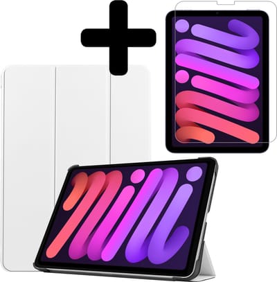 Hoesje - Geschikt voor Apple iPad Mini 6 (2021) - 8.3 inch - 6e Generatie - Met Screenprotector - Hardcover Book Case - Trifold Bookcase Hoes - Hard Cover - Tablethoes - Wit