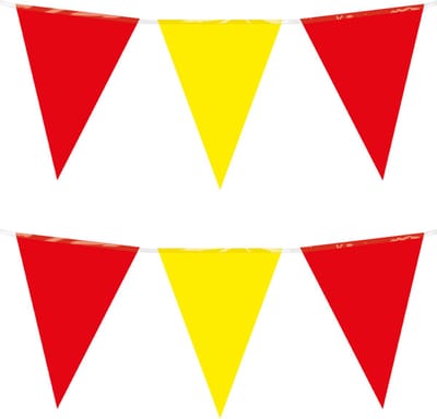 PartyXplotion Feest/verjaardag Vlaggenlijn - 2x - rood/geel - 10 m - 15 vlaggetjes - binnen/buiten - kunststof