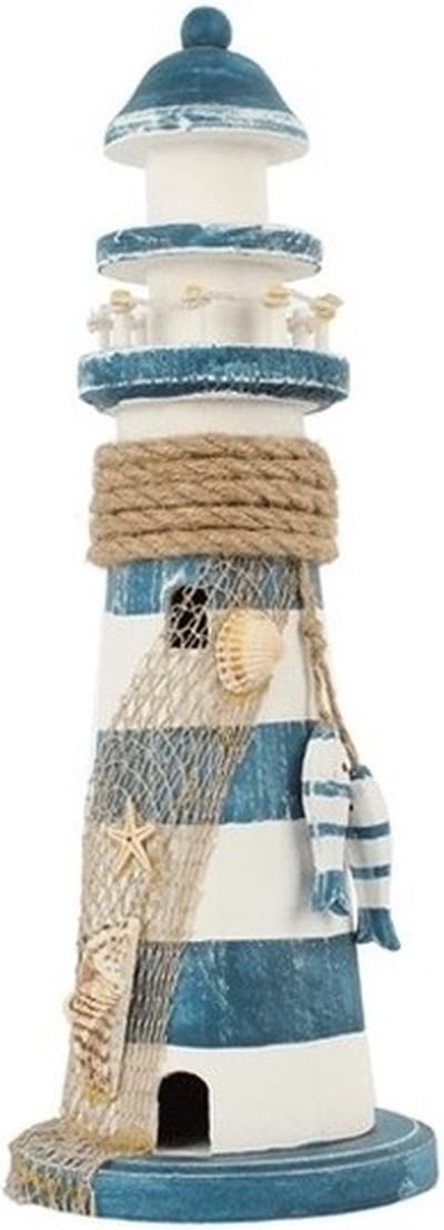 Decoratie vuurtoren - 12 x 12 x 34 cm - hout - binnen - maritiem thema