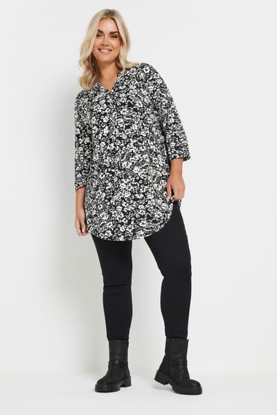 Yours Lang Jersey Overhemd Met Bloemenmotief In Zwart/Wit Size 42