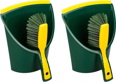 Buemag Stoffer en blik - Set van 2x stuks - voor buiten - 32 x 28 cm - groen/geel - kunststof - tuingereedschap