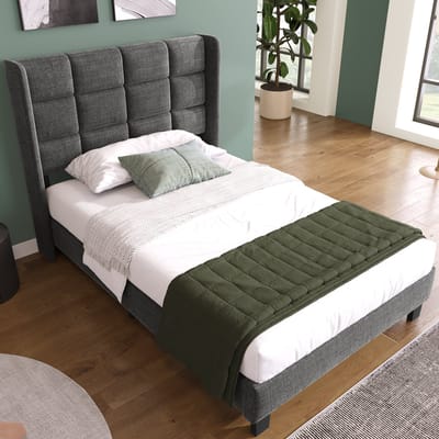 DESMIU Gestoffeerd Bed 90x200cm – Eenpersoonsbed Met Hoofdbord – Inclusief Lattenbodem Voor Rustige Ondersteuning – Voor Slaapkamer En Jeugdkamer – Linnen – Grijs – Zonder Matras