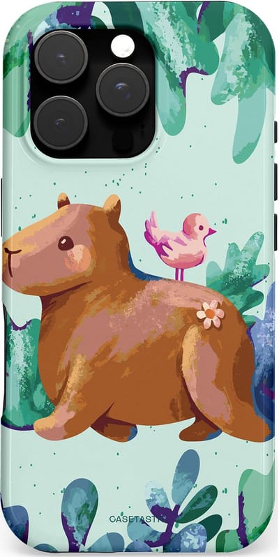 Casetastic hoesje geschikt voor Apple iPhone 16 Pro - MagSafe - Dubbellaagse bescherming - Capibara Vogeltjes Vriend - Fashion Case - Lichtgrijs Petrol Mintgroen Bruin