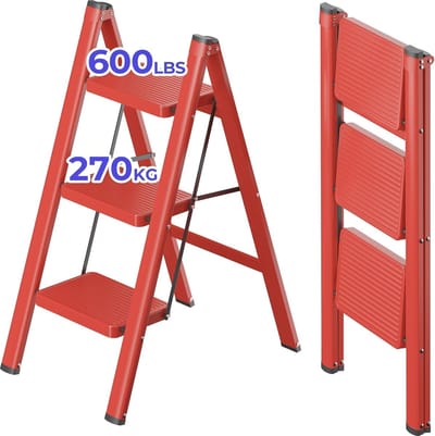 3 treden vouwladder, trapladder, antislip rubberen matten, verbrede antislip trede, tot 150 kg belastbaar, van staal, voor huishouden, kantoor, rood