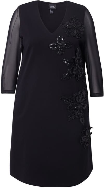 Ulla Popken - Dames - Punto jurk paillettenbloemen V-hals 3/4-mouw - Zwart - Maat 50+