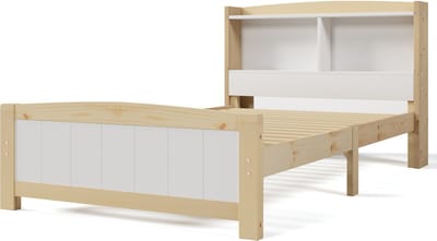 Eenpersoonsbed - Houten Bed - Bed Met Matras-Opbergruimte – Boekenplank –7-Zone Matras – Lattenbodem - Ruimtebesparend - Slaapkamer - 90x200 cm- 2-Delig-Wit
