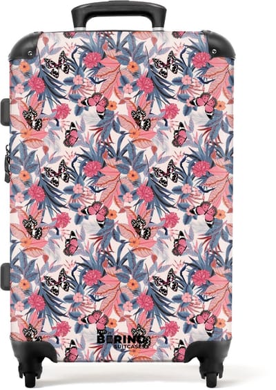 NoBoringSuitcases.com - Grote koffer - Tropisch vlinder patroon licht roze - Kinderkoffer geschikt voor jongen en meisjes - Reiskoffer met 4 wielen - Trolley op wieltjes - Rolkoffer groot kinderen - 72 liter - Ruimbagage valies 20kg