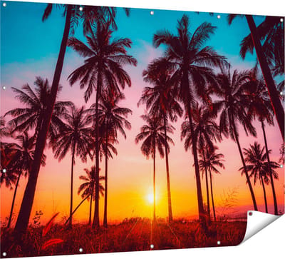 Gards Tuinposter Palmbomen op het Strand bij Zonsondergang - 160x120 cm - Tuindoek - Tuindecoratie - Wanddecoratie buiten - Tuinschilderij