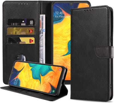 Geschikt voor Samsung Galaxy A30 Telefoonhoesje Kunstleer met Magnetisch lipje en Pasjeshouder Book Case met Klepje - Zwart - Smartphonica geschikt voor Samsung Galaxy A30