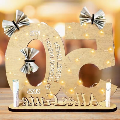 ByShane - Houten bord gastenboek met LED-lichtsnoer - 50e verjaardag - Origineel cadeau idee - Verjaardagsgetallen - Creatieve verjaardagsdecoratie