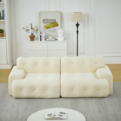 MODFU Modulaire 2-Zitsbank - Brede Armleuningen En Knopen - Modern - Voor Woonkamer - Stof - Beige - 224 X 104 X 66 Cm
