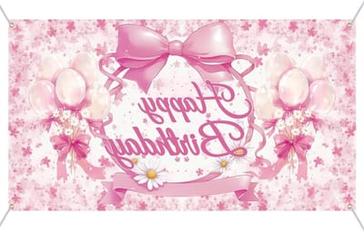 Allecta - Roze Happy Birthday Strik Achtergrond Banner, 182x110cm - Feestdecoratie Vrouwen Meisjes Babyshower Vrijgezellenfeest