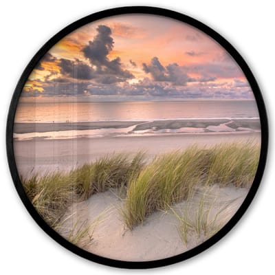 Poster in lijst Rond - Fotolijst 40x40 cm - Posters - Zonsondergang - Duin - Strand - Planten - Zee - Ronde posterlijst zwart - Decoratie - Wanddecoratie woonkamer - Muurdecoratie slaapkamer