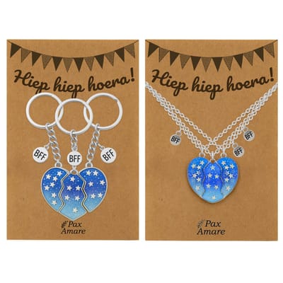 BFF Ketting + Sleutelhanger voor 3 'Hiep Hiep Hoera' - Magnetisch Blauw Hartje - Bundel op Cadeau Kaartje - Zilverkleurig - Verjaardags Hanger - Pax Amare