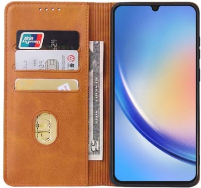 Smartphonica Samsung Galaxy A34 5G kunstleren hoesje met magnetische sluiting en pashouders book case - Bruin geschikt voor Samsung Galaxy A34 5G