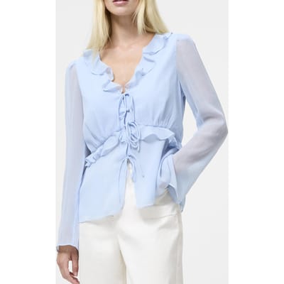 French Connection Emina Chiffon Frill Tie Up Top Arctic Blue Maat: 6 | Longsleeves Outlet | Dames | Blauw
