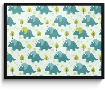 Poster in lijst - Fotolijst 80x60 cm - Posters - Triceratop - Blauw - Stippen - Boompjes - Posterlijst zwart - Decoratie - Wanddecoratie woonkamer - Muurdecoratie slaapkamer