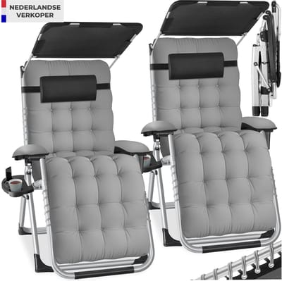 tectake® set van 2 Opvouwbare Ligstoelen Cloud met Zonnescherm - Tuinstoelen met Tafeltje - Bekerhouder - Traploos Verstelbaar - Voor Balkon, Camping of Tuin - Relaxstoelen met extra dik Kussen - Strandstoelen - Ligbed - Div. kleuren - Grijs