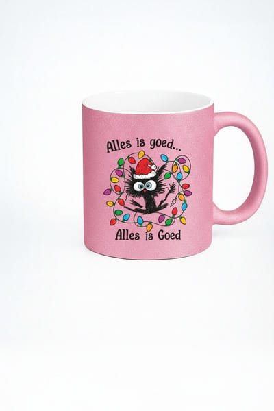 “Alles is Goed” 330ml Roze Glitter Koffiemok – Schattig Kerst Kat Design – Grappig Feestelijk Cadeau voor Katten- & Koffieliefhebbers