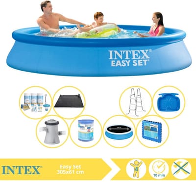 Intex Rond Opblaasbaar Easy Set Zwembad - 305 x 61 cm - Blauw - Inclusief Pomp - Solarzeil - Onderhoudspakket - Filter - Solar Mat - Ladder - Voetenbad - Vloertegels - 9-delig