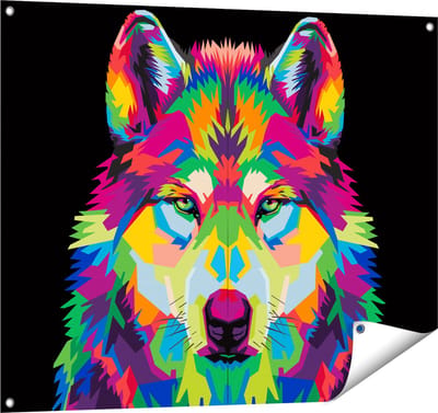 Gards Tuinposter Gekleurde Wolvenkop - Wolf - Abstract - 100x80 cm - Tuindoek - Tuindecoratie - Wanddecoratie buiten - Tuinschilderij