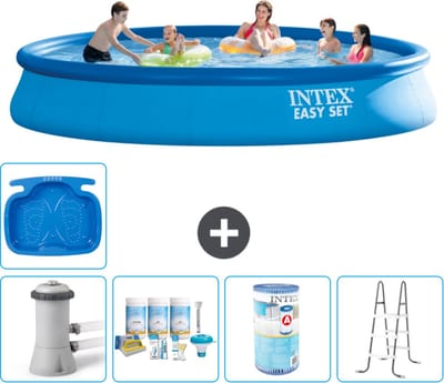 Intex Rond Opblaasbaar Easy Set Zwembad - 457 x 84 cm - Blauw - Inclusief Pomp - Onderhoudspakket - Filter - Ladder - Voetenbad - 6-delig