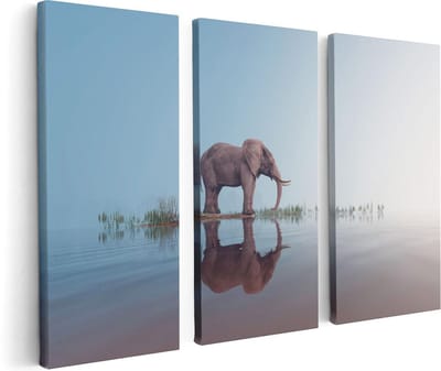Artaza Canvas Schilderij Drieluik Olifant Bij Het Water - 120x80 - Foto Op Canvas - Canvas Print