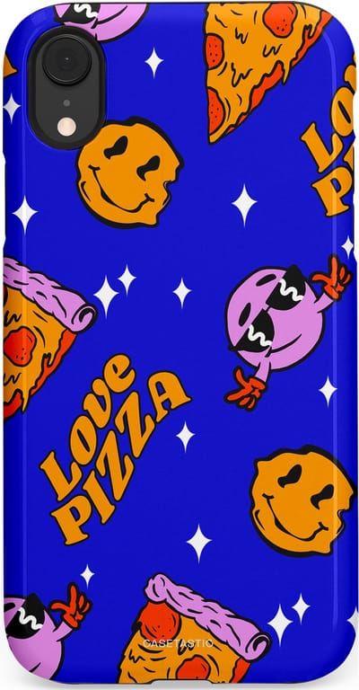 Casetastic hoesje geschikt voor Apple iPhone XR - Dubbellaagse bescherming - Funky Pizza - Fashion Case - Paars Okergeel Donkerblauw Bruin