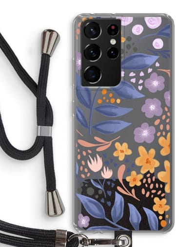 Case Company® - Hoesje met koord geschikt voor Samsung Galaxy S21 Ultra hoesje met Koord - Flowers with blue leaves - Telefoonhoesje met Zwart Koord - Bescherming aan alle Kanten en Over de Schermrand