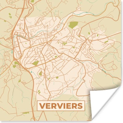 Poster Kaart - Plattegrond - Vintage - Stadskaart - Verviers - 100x100 cm XXL